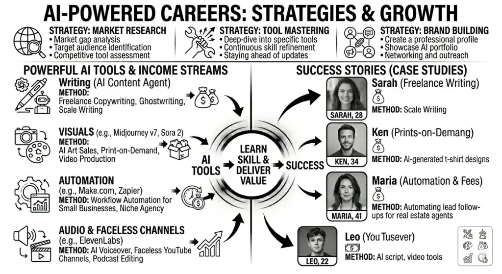 Best AI Tools for Beginners 2026: Earning with Zero Coding Skills 2 AI-Powered Careers Strategies & Growth 2026 infographic showing AI tools, income streams, success stories and career paths for beginners including writing, visuals, automation, and faceless YouTube channels