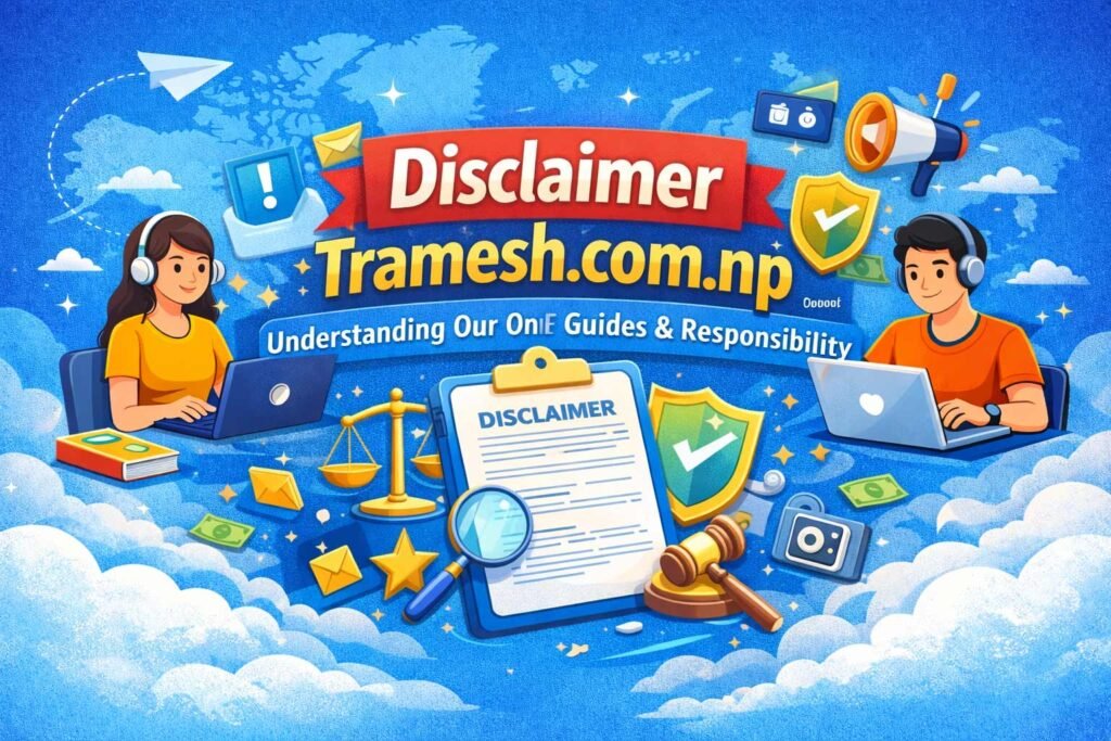 Disclaimer page illustration for Tramesh.com.np showing online earning, blogging guides, and legal responsibility with a shield, balance scale, and people using laptops