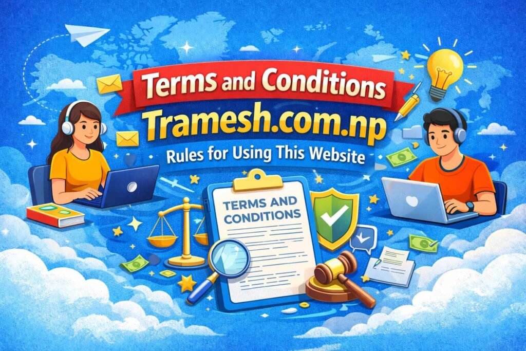 Terms and Conditions page illustration for Tramesh.com.np explaining website rules, legal policies, and user responsibilities for online earning and blogging content