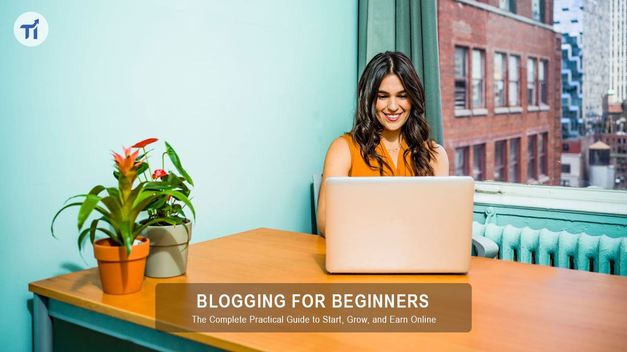 Blogging for beginners guide illustration showing two people working on laptops with SEO, blogging, and monetization icons, symbolizing online blogging success.