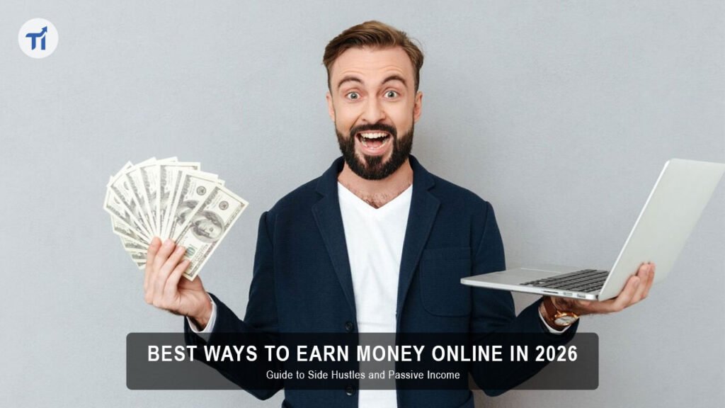 Best ways to earn money online in 2026: laptop with rising income graphs and digital side hustle icons for beginners