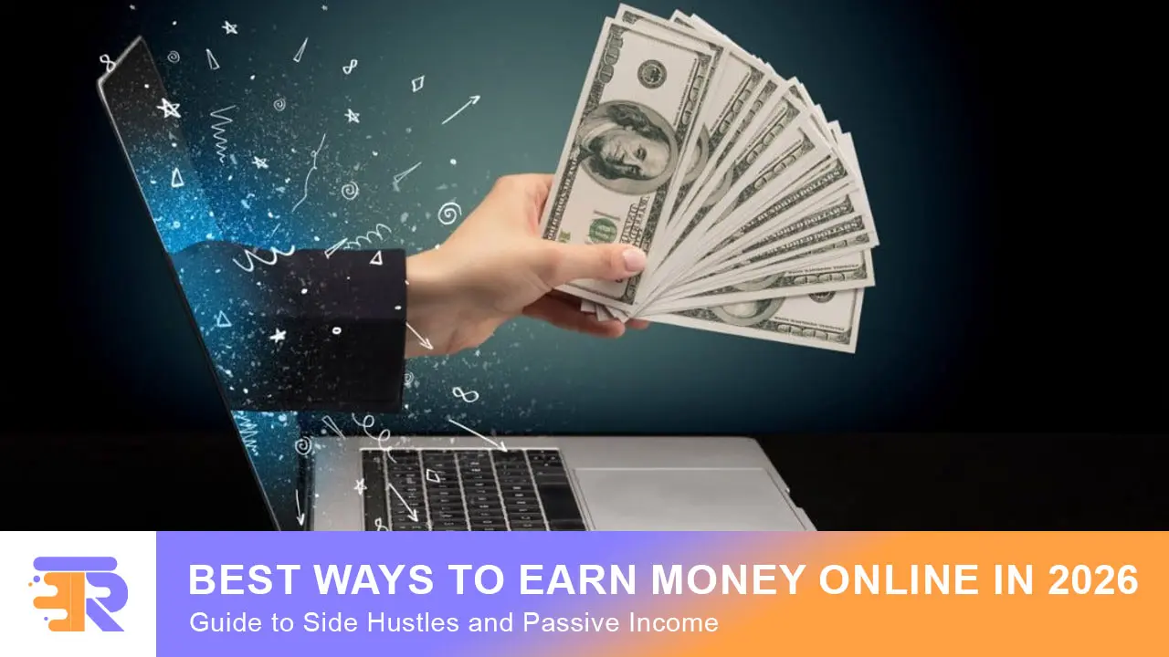 Best ways to earn money online in 2026: laptop with rising income graphs and digital side hustle icons for beginners