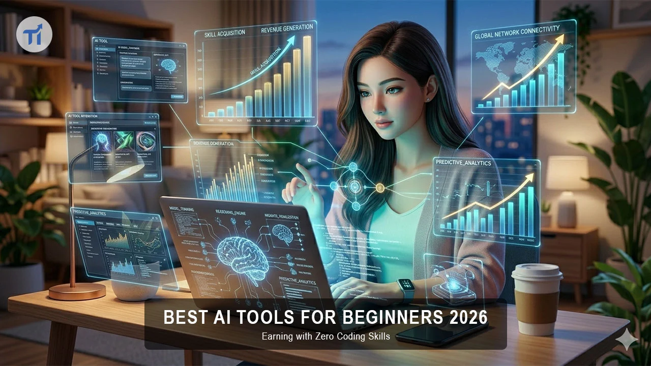 Best AI tools for beginners 2026 - ChatGPT, Claude, Canva, Zapier and HeyGen shown on a laptop screen with money and online earning icons